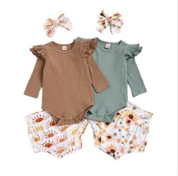 Babymeisje kleren kinderen lange mouw solide rompers zonnebloem geprinte driehoek ruche boetiek jumpsuits casual onesie kinderen 3pcsset 1165732