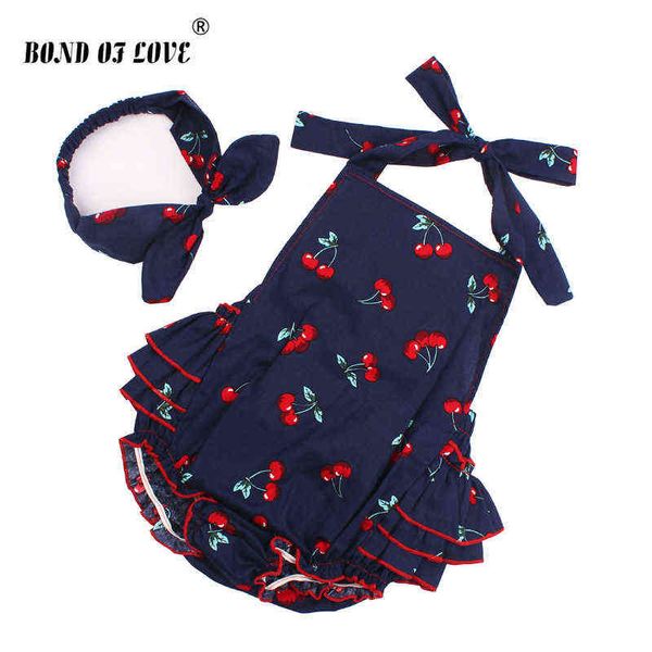 Vêtements pour bébés filles, barboteuse et bandeau pour nouveau-nés, sans manches, à volants, motif cerise, Costume d'été pour bébé, G1221