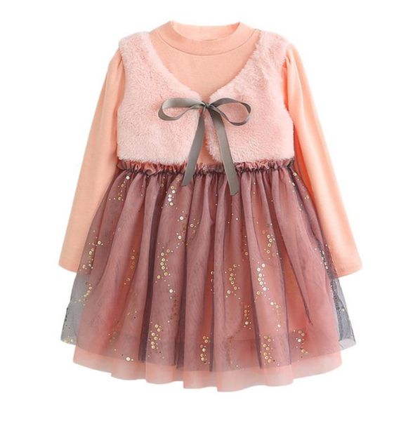 Bébé fille vêtements rose gilet robes faux 2 pièces ensemble enfants paillettes Tulle princesse robe Boutique fille robes AT4649