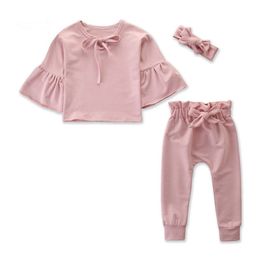 Baby meisje kleding set flare mouw tops broek hoofdband 3 stks sets roze peuter meisje outfits ontwerper babykleding DW4682