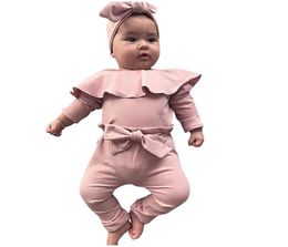 Bébé fille vêtements ensemble nouveau-né infantile filles volants solide barboteuse body Bow pantalon tenues infantile nouveau-né tenues enfants vêtements 1468892