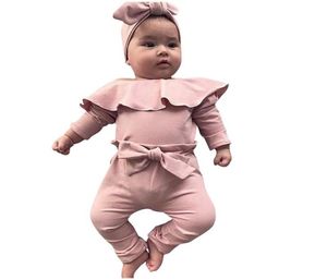 Baby meisje kleding set pasgeboren baby meisjes ruche effen romper bodysuit strik broek outfits baby pasgeboren outfits kinderkleding1468892