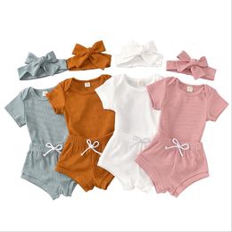 Bébé Fille Vêtements Ensemble Solide Toddler Filles Barboteuses Shorts Bandeau 3pcs Ensembles À Manches Courtes Enfants Tenues Boutique Été Bébé Vêtements 5796