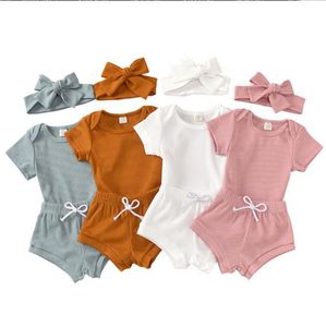 Baby meisje kleding set solide peuter meisjes rompertjes shorts hoofdband 3 stks sets korte mouw kinderen outfits boutique zomer babykleding 5796