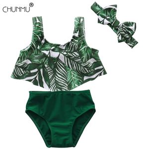 Baby Meisje Kleding Set Zomer Kids Meisjes Bikini Mouwloze Top + Zwem Trunks Kappers 3 Stks Beachwear Badpak Badpak 210508