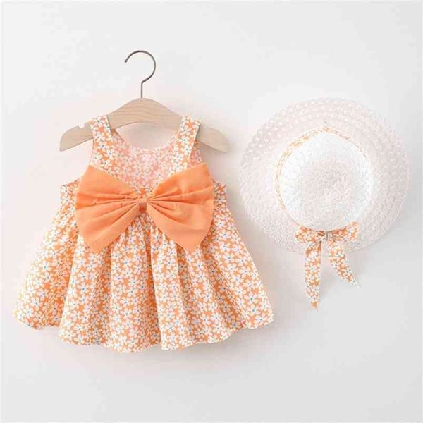 Conjunto de ropa para niña, vestido floral sin mangas de verano + sombrero para el sol, ropa para niños, vestido con lazo para 210528