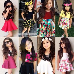 Conjunto de ropa para niña pequeña, camisas sólidas para niña pequeña, faldas de flores, conjunto de 2 uds, trajes de falda Floral para niñas, ropa de verano para bebé, 13 diseños DW5411