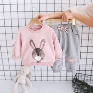 Baby meisje kleding lente en herfst pure katoenen pak cute cartoon ronde hals kostuum baby tweedelig 220326