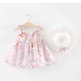 Baby meisje kleding zomer kid jurk katoen gedrukt mooie bloem prinses meisjes sturen hoed 2 stks voor 210515