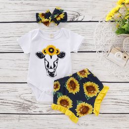 Baby Girl Clothes Sunflower Toddler Girls Rompers Shorts Headband 3PCS Sets Short Sleeve Infant Outfits Summer Baby Clothing DHW4000