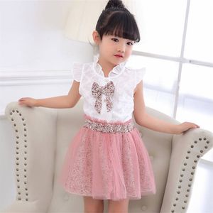 Baby meisje kleding set vlinder zomer kant bloemen korte mouw witte t-shirt mesh rok kleding voor 2 3 4 5 6 7 8 jaar 220326