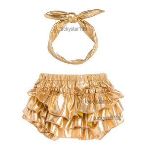 Baby Girl Golden Ruffle Bloomers Shorts Suits 0-24 Month Newborn Infant Cotton Romper Clothing Sets Pants Shoes Headband