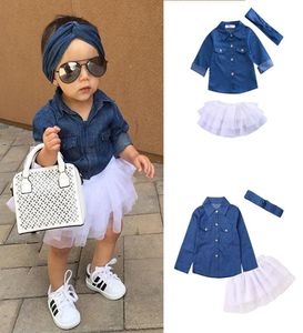 Baby Meisje Denim Mode Set Kleding Kinderen Shirts Met Lange Mouwen TopShorts RokBow Hoofdband 3 Stuks Outfits Kid Trainingspak9738962