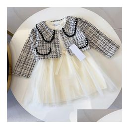 Bébé Fille Designer Manteau À Manches Longues Ajouter Jupe De Gaze Plaid Casual Marque De Mode Filles Enfants Deux Pièces Ensemble 90-140Cm A03 Drop Deli Dhe2F