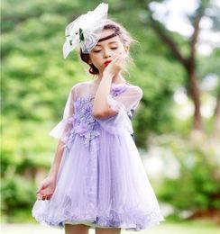 Baby Girl Dress 2016 Autumn Princess Jurk Kinderen Flare Sleeve Appliques Flower Lavender Tule Kinderjurken voor meisjes 312 jaar23514575