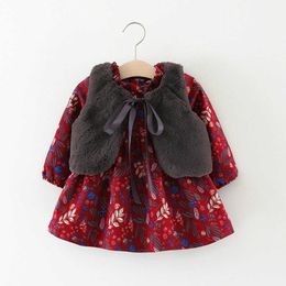 Baby Girl Dress Autumn Warm Cotton Infant Floral Print Vintage lange mouw winter peuter jurken verjaardag babykleding
