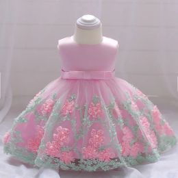 Baby Girl Dress Dooping Princess Dress Nieuwe boog bloemen kanten mouwloze verjaardagsfeestjurkje babymeisje trouwjurk