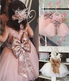 Babymeisjes jurken pailletten grote boog kanten mouwloze jurk acetaat vezel band knielengte ronde nek 408604575