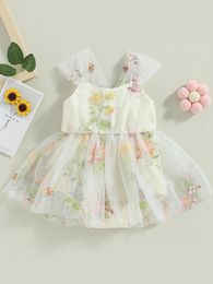 Baby Girl Floral geborduurde romper jurk met mesh tutu tule rok schattige mouwloze baby -outfit voor zomer 240329