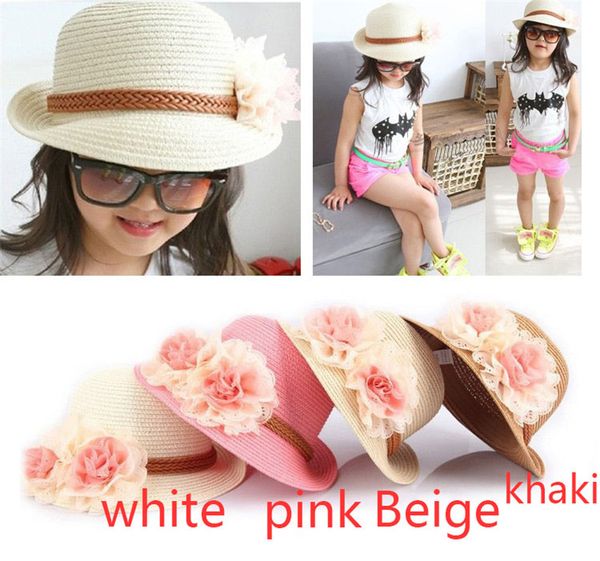 Bébé Fille Fleur Caps Filles D'été Plage Soleil Chapeau Mignon Bébé Deux Fleurs Chapeaux De Paille Enfants Paille Fedora Chapeau Enfants Jazz Cap 4 Couleurs TO505