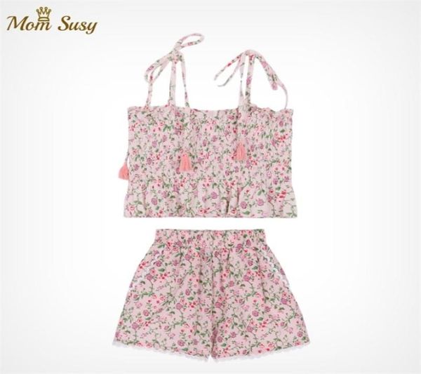 Conjunto de ropa de flores para niña, camisa corta con tirantes de verano pastoral, 2 uds., camisolas para niños pequeños, Tops, traje corto de algodón 2108045388103