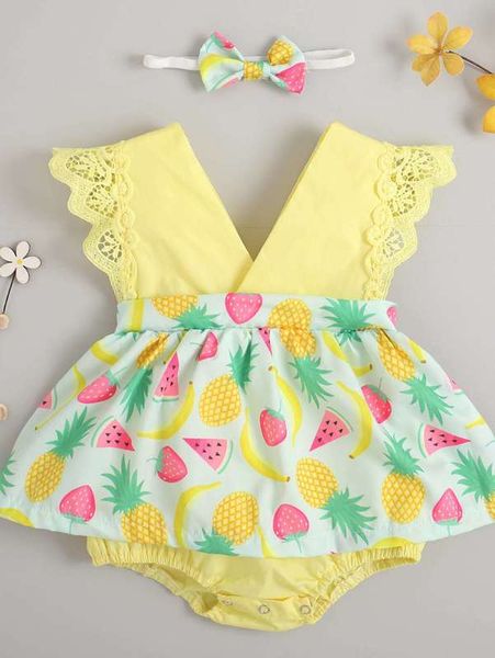 Robe combinée avec bordure en dentelle et imprimé fruits pour bébé fille, bandeau, SHE