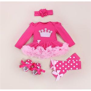 babymeisje volledige mouw xmas rompertjes kinderen 4 stks set kleding infantil hoofdband leger warme schoenen 210529