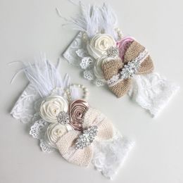 Babymeisje hoofdbanden veer kant hoofdband vintage jute boog haarband baby pasgeborenen haarband baby accessoires