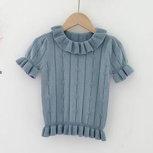 Bébé fille évider T-shirt été enfants à manches courtes col de feuille de Lotus tricot vêtements pour bébés 210429