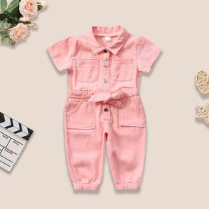 Baby meisje jumpsuit romper knop roze zak casual werkkleding uit een stuk staande kraag zak korte mouw peuter kleding G1221