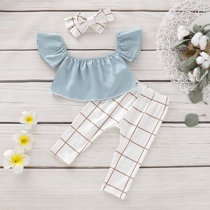 Baby Girl Kids Summer Clothing String String Schouder Blue Shirt + Plaid Pant Summer Girl Clothing Sets