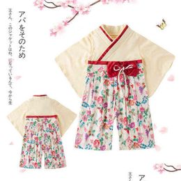 Vêtements de kimono pour bébé fille, barboteuse japonaise, imprimé floral, nœud rouge, vêtements Kawaii, tenue pour enfants en bas âge, G2493, livraison directe, Dhm7R