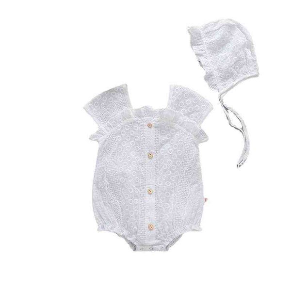 Bébé Fille Dentelle Jacquard Filles Robe D'été Version Coréenne Fille Bébé Pure Princesse D'été Blanc Barboteuse avec Chapeau 2 Pièces Ensemble G220510