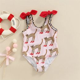 Baby girl Leopard Print Swimsuit Cute Bow Swimwear 26y Childre