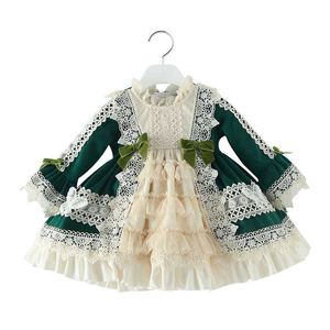 Bébé fille à manches longues espagnol Vintage princesse robe de bal enfant en bas âge robe Lolita pour la fête de noël vert Vestidos 210615