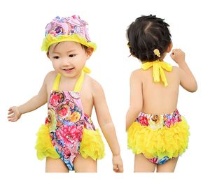 Traje de baño de una pieza para niña, ropa de playa con tirantes de diseñador con flores vívidas, traje de baño para niños de 1 a 4T con bonito gorro de natación