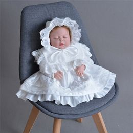 Baby meisje outfit fotografie rekwisieten haak pasgeboren outfits baby kleding 0-36 maanden kleding witte kant prinses jurk bruiloft LJ201215