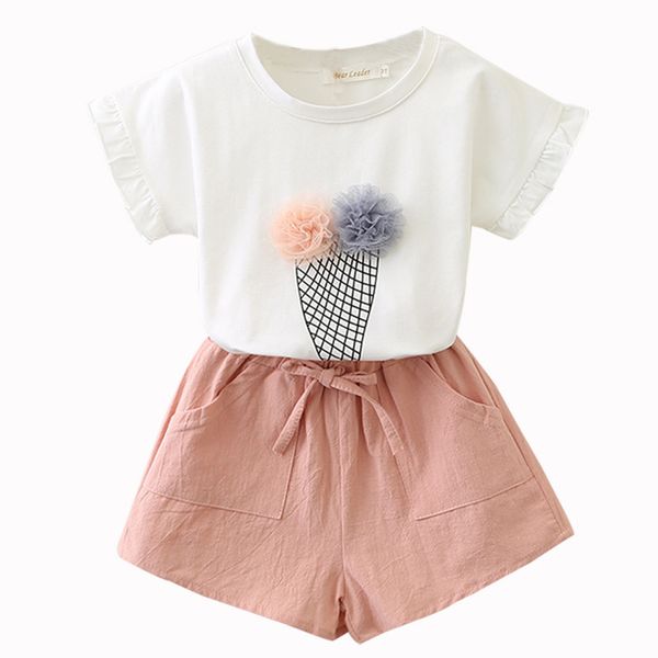 Conjunto de verano para niña, camiseta con estampado de helado + Pantalones cortos, traje para niña, ropa de 2 uds, material suave de algodón