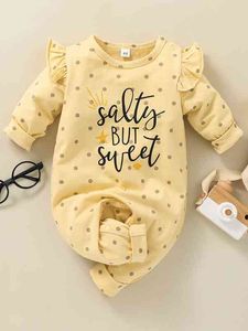 Baby meisje polka dot slogan grafische ruche trim jumpsuit zij