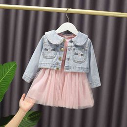 Baby meisje prinses kleding set lente herfst denim jas + mesh jurk meisjes kids mode pakken kleding 1-6age G1129