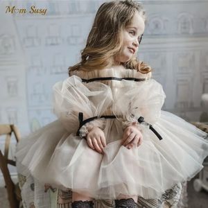 Baby Girl Princess Off Shoulder Tutu Dress Long Sleeve Child Vintage Gauze Tule Vestido Party Wedding Birthday Frocks 1-14y 240323