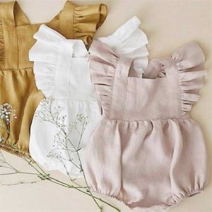 Bébé fille barboteuse vêtements lin été mode enfants couleur unie vêtements rose clair combinaison coton manches bouffantes roupas 211101