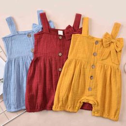 Baby meisje romper katoen linnen mousseline peuter kinderen playsuit mouwloze solide bowknot baby meisje kleding zomer baby baby romper G220521