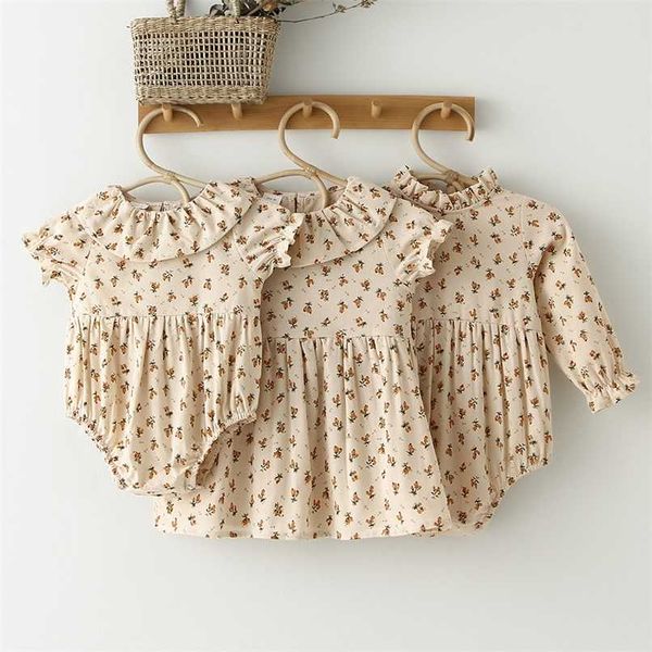 Baby Girl Romper Floral Linge Coton Manches courtes Robe de naissance Combinaison Vêtements pour bébés Été 211011