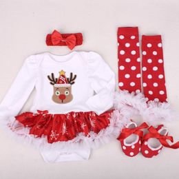Baby meisje romper pasgeboren kleding sets kanten rompers passen bij kerstkostuums voor baby's en peuters 4pcs xmas outfit 0-2t