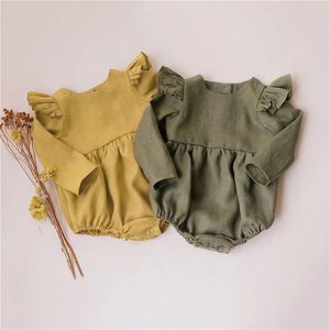 Baby meisje rompertjes effen kleur lange mouw kleding jumpsuits 0-24M 100% katoen linnen geboren kleding 210816