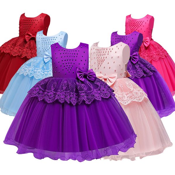 Vêtements de bébé fille violet, rose, rouge sans manches robe en dentelle activité robe de soirée vêtements pour enfants LJ200827