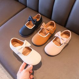Baby Girl's Princess Soft Leather Bowknot Lindos Niños Autumno 21-30 Light Light Comfy Solid Color Flat Shoes L2405 L2405