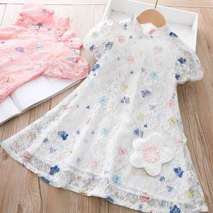 Baby meisje korte mouw prinses jurk vlinder gedrukt schattige jurk kinderen meisje chinese stijl vestidos cortos klein meisje kostuum 210715