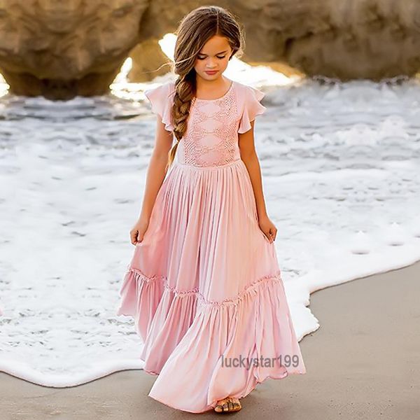 Robe de princesse en dentelle unie pour petites filles, 2-8T, jupe longue de styliste à volants pour enfants, robes de récital de Piano, printemps et été